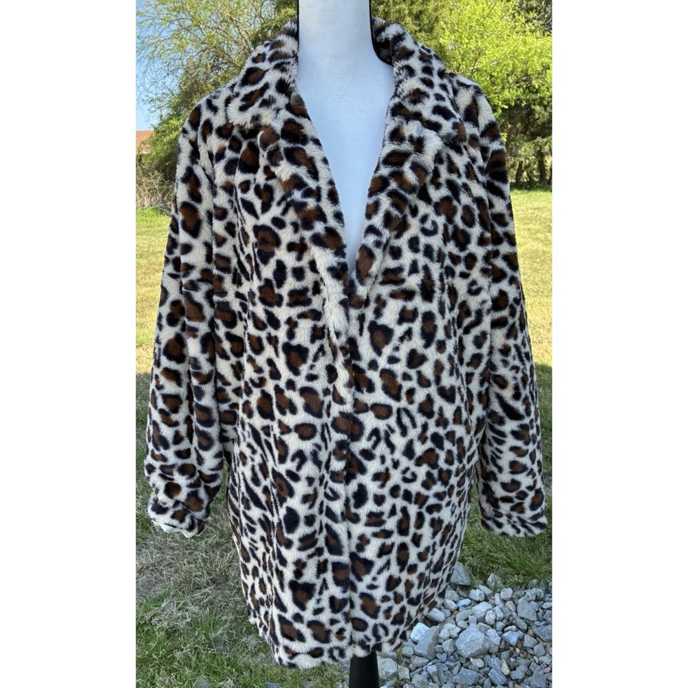 Fashion Cheetah Leopard Print Plush Faux Fur Coat Pockets Womens Sz XL Jacket